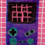 A stencil print of a brightly colored handheld gaming console.