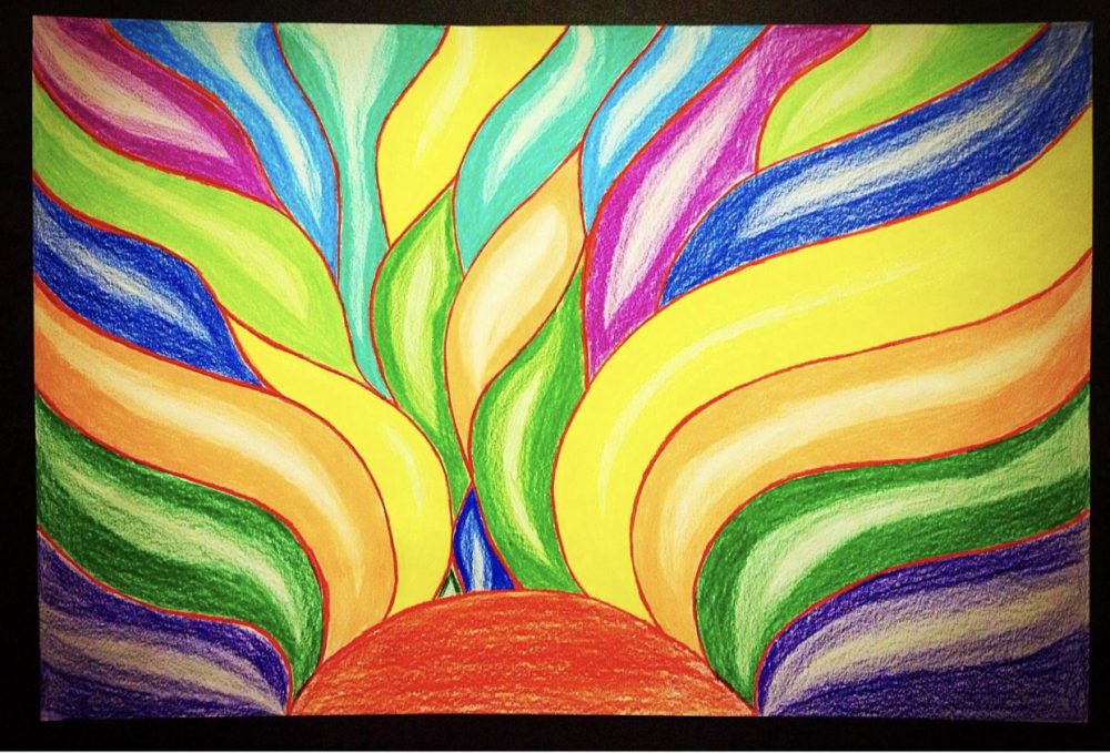 Huitzilopochtli a drawing with right red-orange and forest green, and different shades of blue and purple, representing the sun god/warrior.