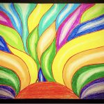 Huitzilopochtli a drawing with right red-orange and forest green, and different shades of blue and purple, representing the sun god/warrior.