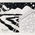 House on the right with a latter leaning of the it. A boat next to latter on left in the water. A cat walking over the stairs from the moon onto the valley. Black sky with cirlce stars in the background.