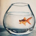 A painting in shades of blue featuring a glass cup and within it is the main focal point of an orange goldfish.
