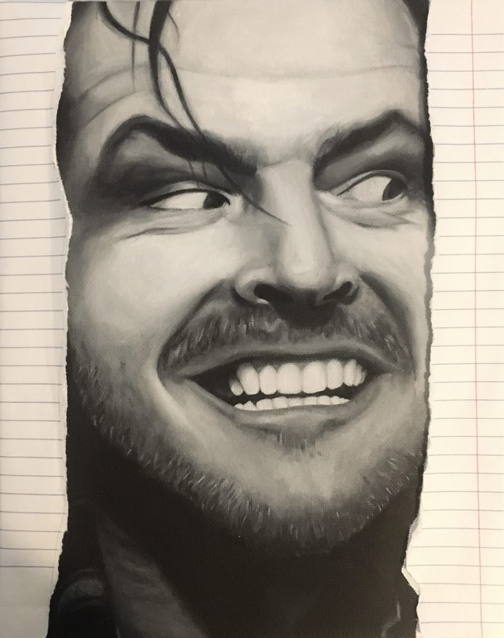 A painting in black and white of Jack Nicholson in the classic "The Shining" movie, his eyes cast to the right as he peers through the ripped notebook paper.