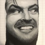A painting in black and white of Jack Nicholson in the classic "The Shining" movie, his eyes cast to the right as he peers through the ripped notebook paper.