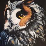 A painting depicting a great horned owl with its head turned right so that its gold left eye stares directly at the viewer.