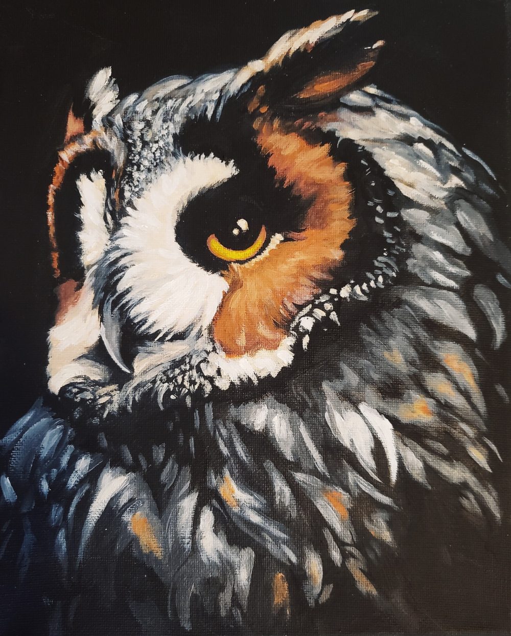 A painting depicting a great horned owl with its head turned right so that its gold left eye stares directly at the viewer.