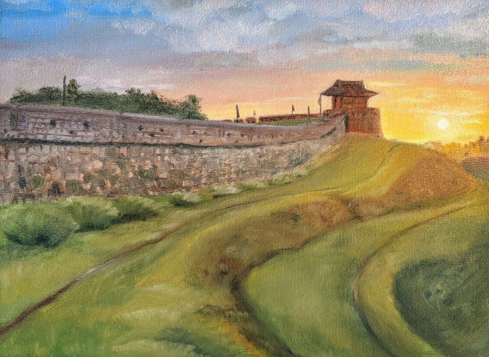 This is a painting of an old wall in Korea leading to a setting sun.