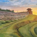 This is a painting of an old wall in Korea leading to a setting sun.