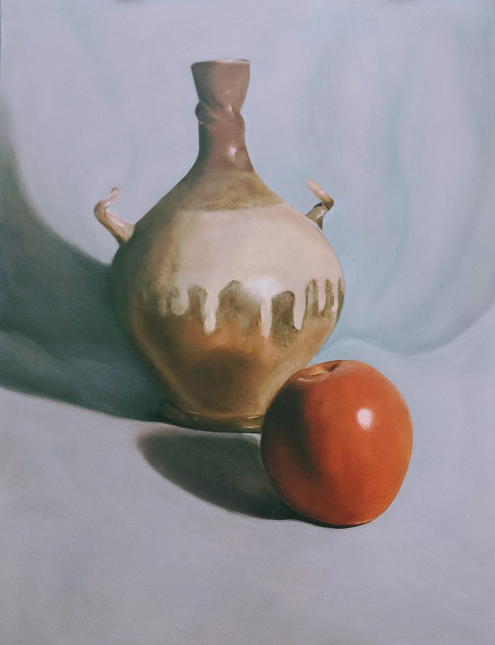 This is a still life painting of a vase sitting next to an apple.