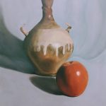 This is a still life painting of a vase sitting next to an apple.
