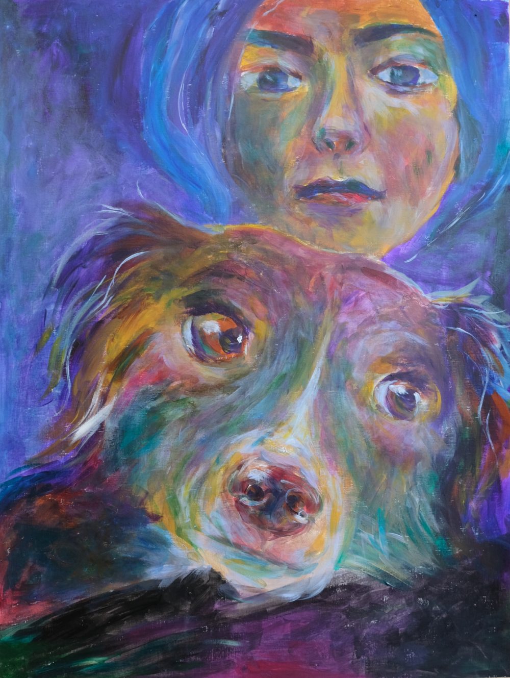 Colorful painting of dog in the foreground and human in the background.