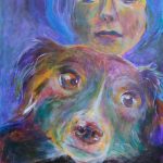 Colorful painting of dog in the foreground and human in the background.