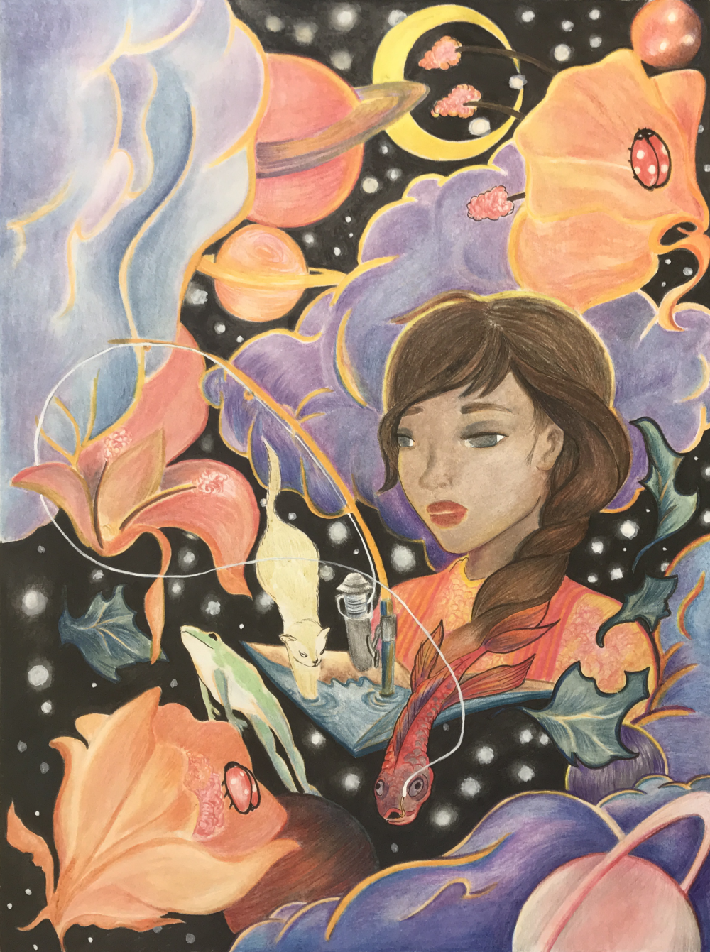 Flowers, planets, clouds and ladybugs in the foreground as well as middleground. Girl with magical book. A fishing pole is coming out of the book as a cat jumps " Connected to the pole is a beta-fish that weaves its fin into the girl's hair. A frog jumps out from the middleground and the negative space is full of stars.