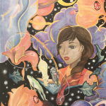 Flowers, planets, clouds and ladybugs in the foreground as well as middleground. Girl with magical book. A fishing pole is coming out of the book as a cat jumps " Connected to the pole is a beta-fish that weaves its fin into the girl's hair. A frog jumps out from the middleground and the negative space is full of stars.