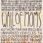 List of names and types of violence and negativity separated on the page by a largely lettered divider that says wall of moms.