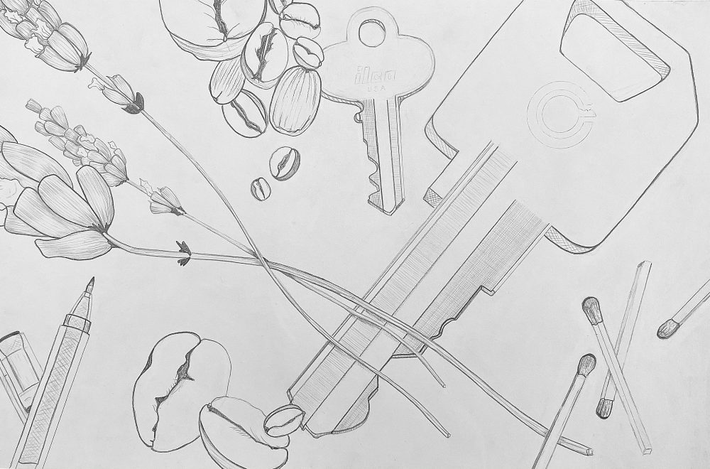 A black and white drawing of lavender, coffee beans, an ink pen, keys, and matches in varying sizes and clusters.