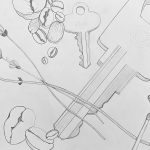 A black and white drawing of lavender, coffee beans, an ink pen, keys, and matches in varying sizes and clusters.