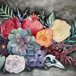 A vibrant bouquet of flowers and greenery with a large succulent and bird skull included on a dark washed background.