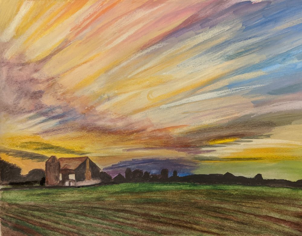A chalk pastel and ink drawing of sunset over a farmhouse on farmland, with the farmhouse at the left side of the image, and a vivid, abstract sunset overhead, created with a rainbow of colors.