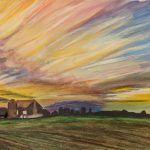 A chalk pastel and ink drawing of sunset over a farmhouse on farmland, with the farmhouse at the left side of the image, and a vivid, abstract sunset overhead, created with a rainbow of colors.