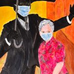 A small elderly woman looking at the viewer from under the protective arm of a black sculpture/man holding an umbrella against a city background.