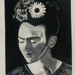 A black and white painting of a man's face with a mustache.