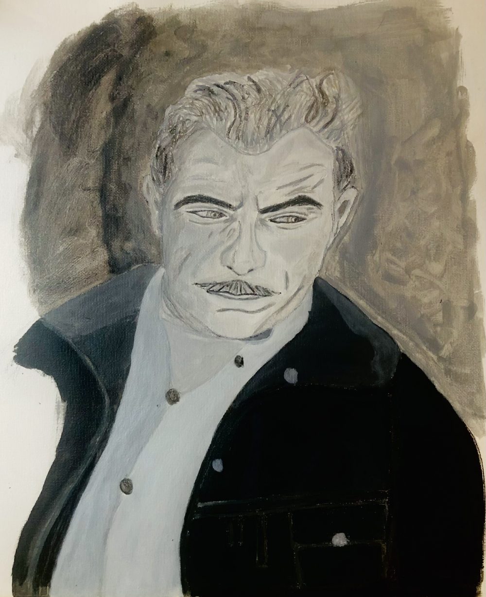 A black and white painting of a man's face with a mustache.