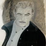A black and white painting of a man's face with a mustache.