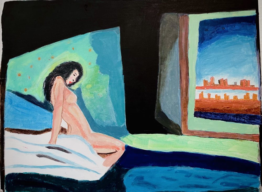 There's a woman with a naked body sitting on the edge of her bed, heading towards the window. In the window far away you can see a few buildings. The colors of the room are very dark, but at the same time, on the floor of the room, you can see an incredible blue that reflects the sky but at the same time reflects water, which makes the moment a little climbed.