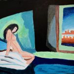 There's a woman with a naked body sitting on the edge of her bed, heading towards the window. In the window far away you can see a few buildings. The colors of the room are very dark, but at the same time, on the floor of the room, you can see an incredible blue that reflects the sky but at the same time reflects water, which makes the moment a little climbed.