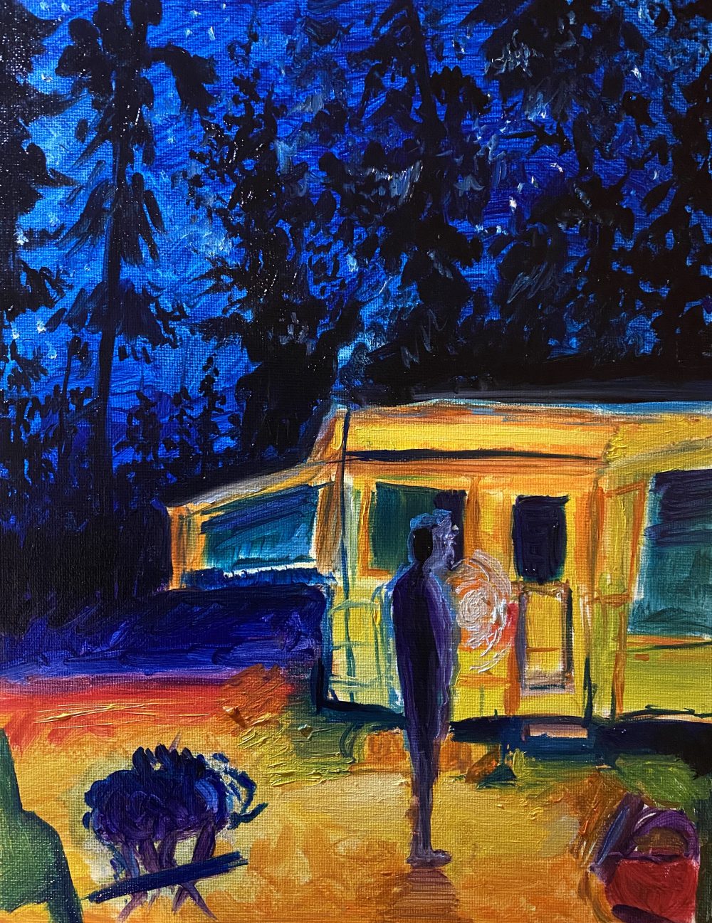 An abstract camper at dusk with a silhouette of a man. Blues and warm colors.