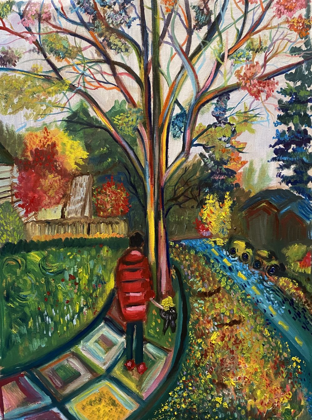 A colorful abstract of a man walking down the street with a dog in the fall.