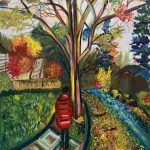 A colorful abstract of a man walking down the street with a dog in the fall.