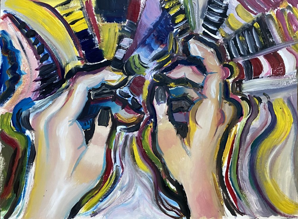 An abstract painting of hands with an energetic background.