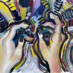 An abstract painting of hands with an energetic background.