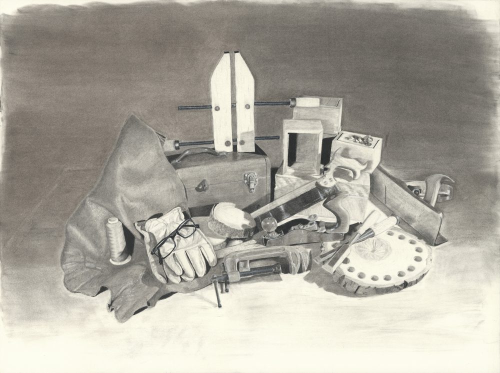 A black and white drawing of an arrangement of woodworking and leatherworking tools, wood projects, leather, and my dad's gloves and reading glasses.