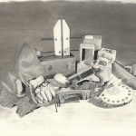 A black and white drawing of an arrangement of woodworking and leatherworking tools, wood projects, leather, and my dad's gloves and reading glasses.