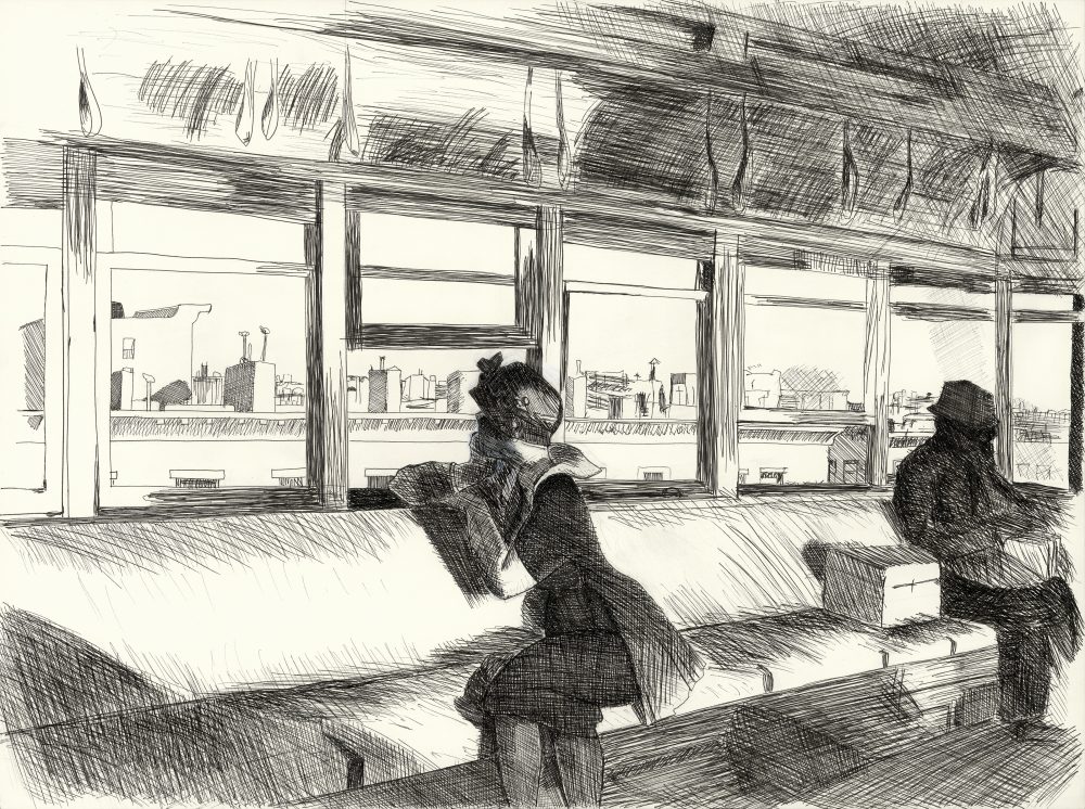 A black and white ink drawing of a girl and a man riding on a train, with a cityscape visible in the distance.