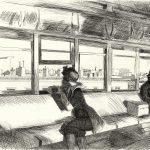 A black and white ink drawing of a girl and a man riding on a train, with a cityscape visible in the distance.