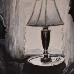 A painting of a child and adult male confronting each other, eye-to-eye, in the light from a window with a lamp in-between.