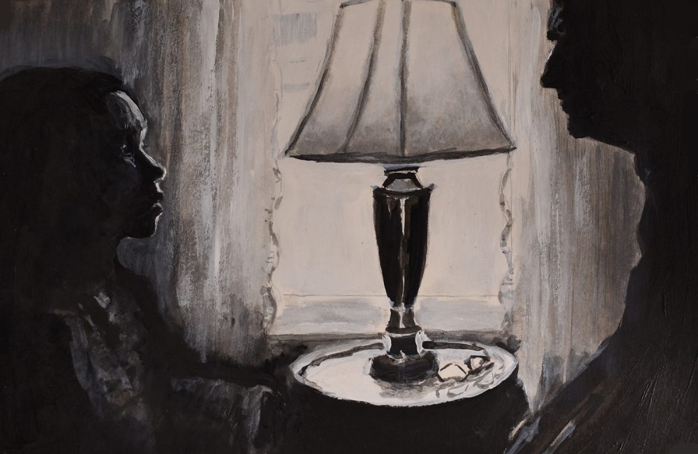 A painting of a child and adult male confronting each other, eye-to-eye, in the light from a window with a lamp in-between.