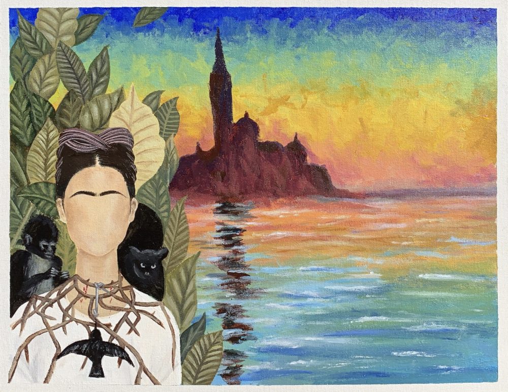 A painting of a faceless Frida Kahlo portrait overlaying a Claude Monet painting.