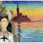 A painting of a faceless Frida Kahlo portrait overlaying a Claude Monet painting.