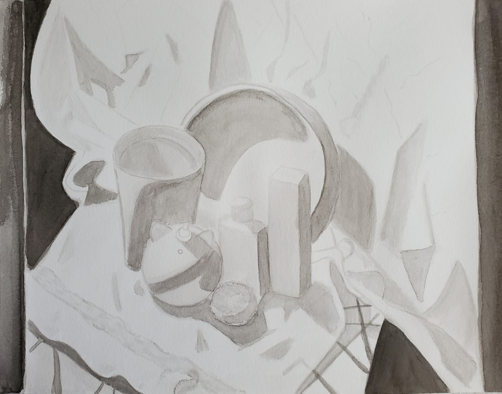 A black ink still life featuring all white materials.