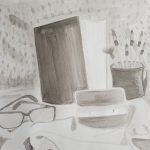 The favorite belongings of an artist, a towel to dry surfaces in the background, with a beloved book, a coffee cup, paint brushes, a candle and a pair of glasses.