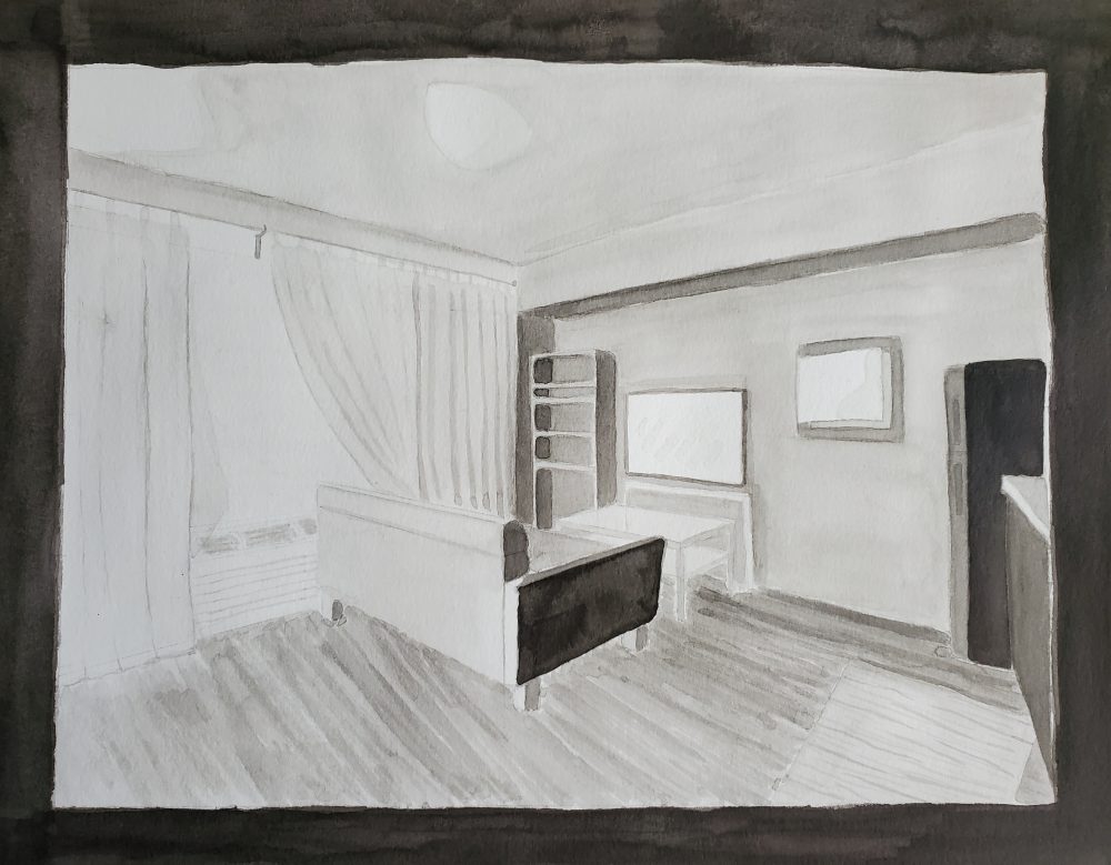 My small apartment living room, with only the main furniture painted.