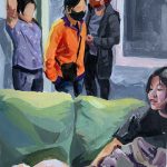 Visitors engage with family members in a living room, three people gather in the back and one person sits on a couch.