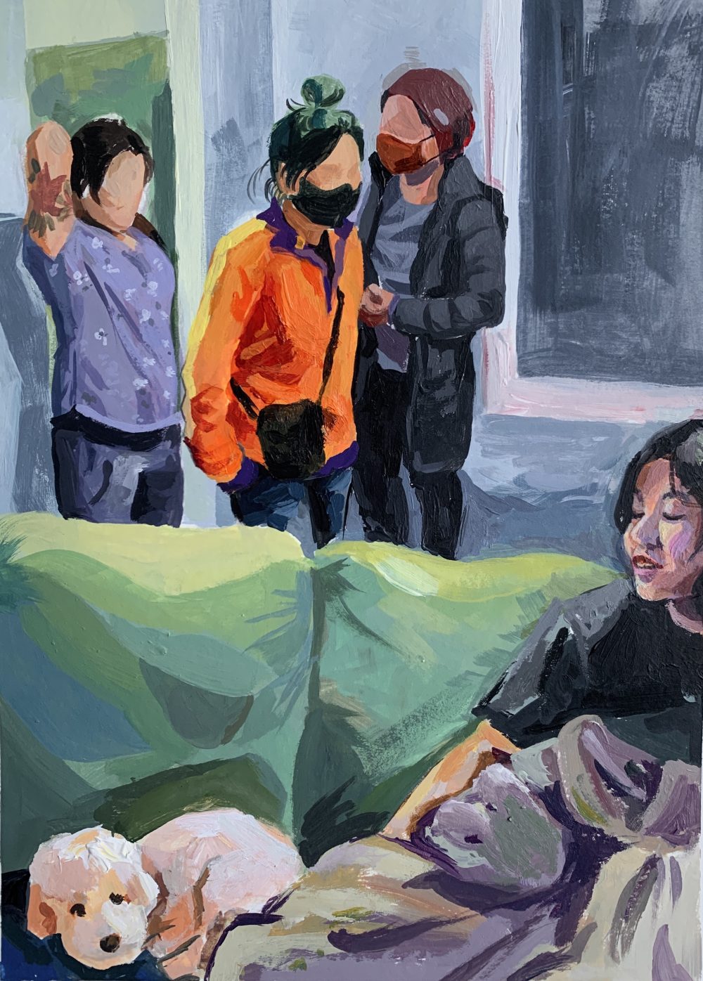 Visitors engage with family members in a living room, three people gather in the back and one person sits on a couch.