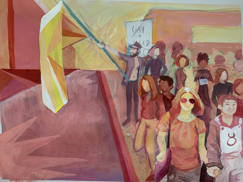 Many people stand in a crowd for the first Pride march in 1970, the scene is tinted pink and a yellow flag points upwards to the left.