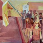 Many people stand in a crowd for the first Pride march in 1970, the scene is tinted pink and a yellow flag points upwards to the left.