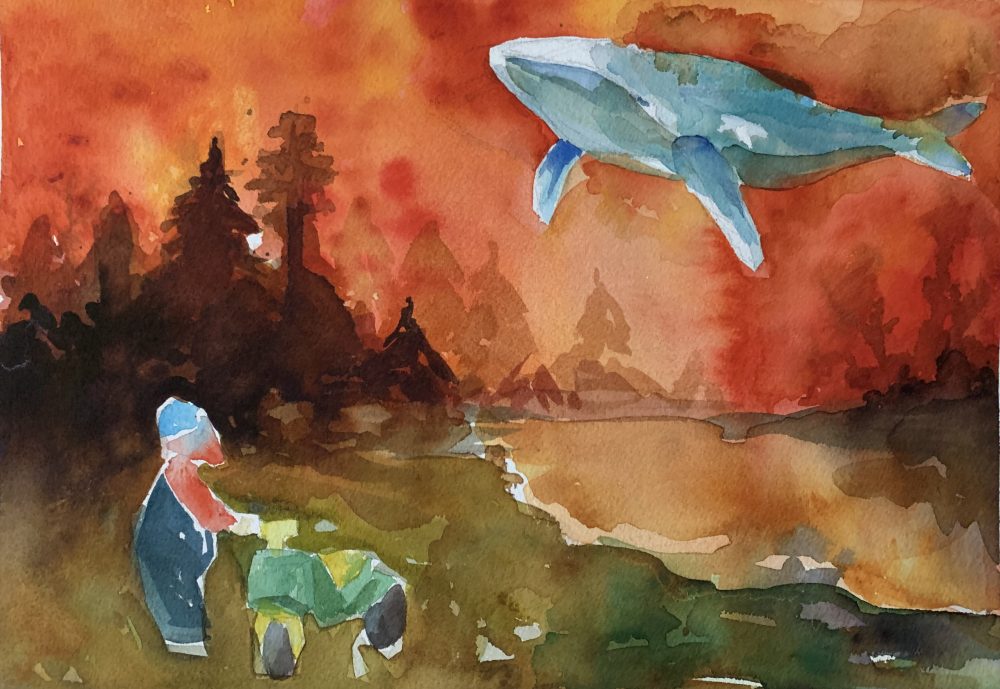 A child stands in the foreground looking at a whale floating in a red sky, trees can bee seen in the mid-ground.